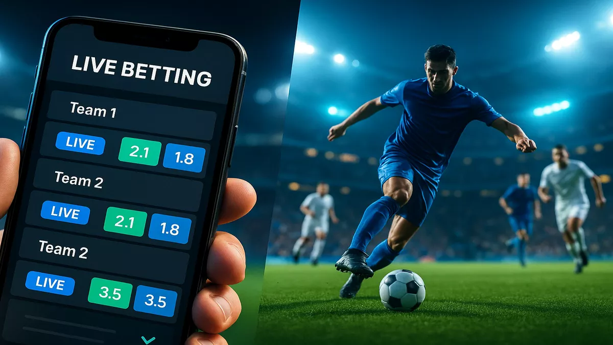 Live Wetten 2025 - Echtzeit Sportwetten mit dynamischen Quoten auf Smartphone und Fußball-Action im Stadion